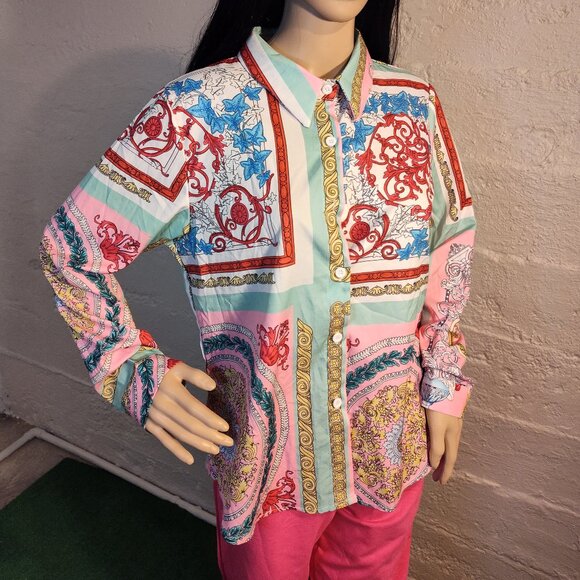 Unbranded Designer Style Paisley Pink Blue White Button-up Long Sleeve M-L - Picture 2 of 10